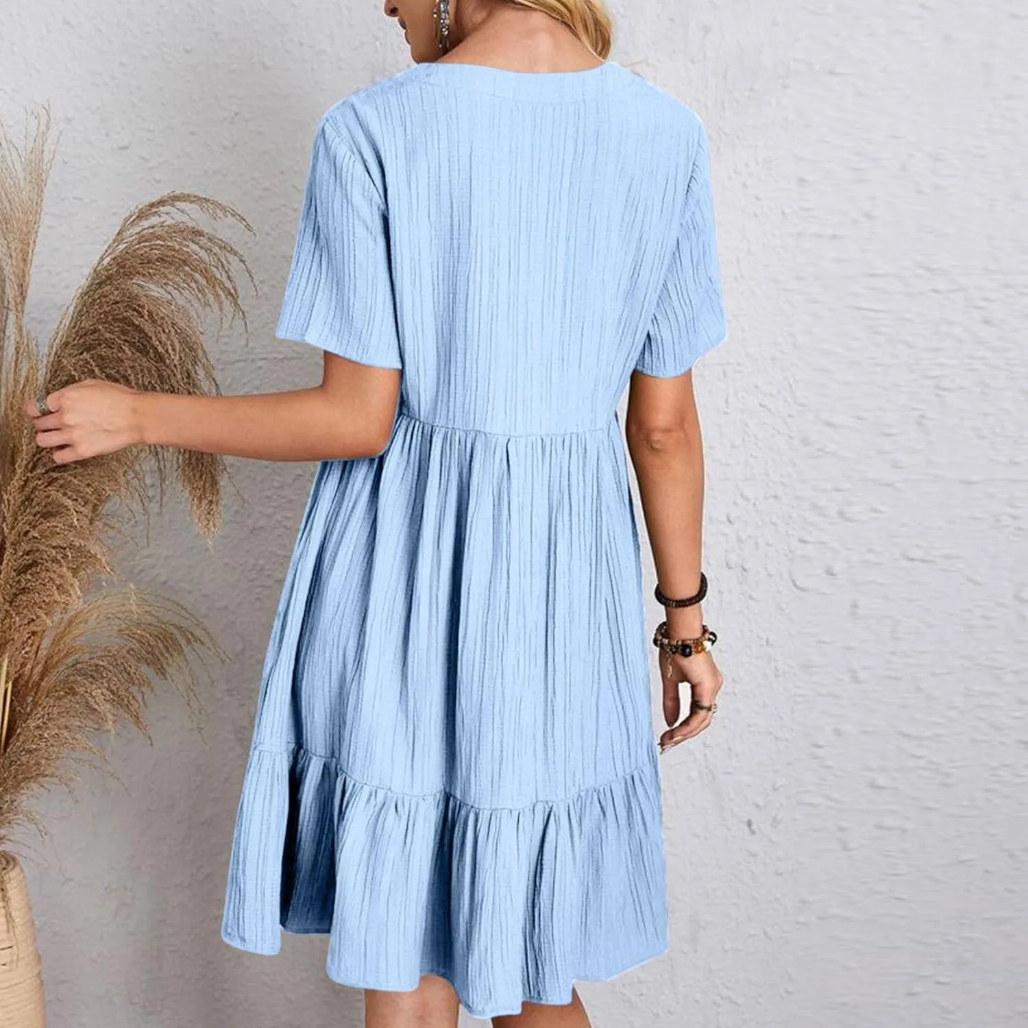 Summer Dresses for Women Short Sleeve V Neck Vacation T Shirt Dress Ruffle Pleated Flowy Beach Sundresses