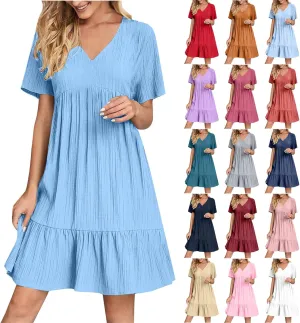 Summer Dresses for Women Short Sleeve V Neck Vacation T Shirt Dress Ruffle Pleated Flowy Beach Sundresses
