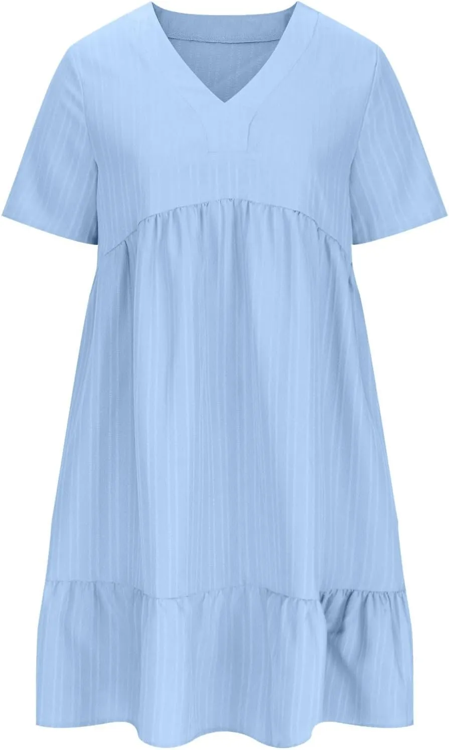 Summer Dresses for Women Short Sleeve V Neck Vacation T Shirt Dress Ruffle Pleated Flowy Beach Sundresses