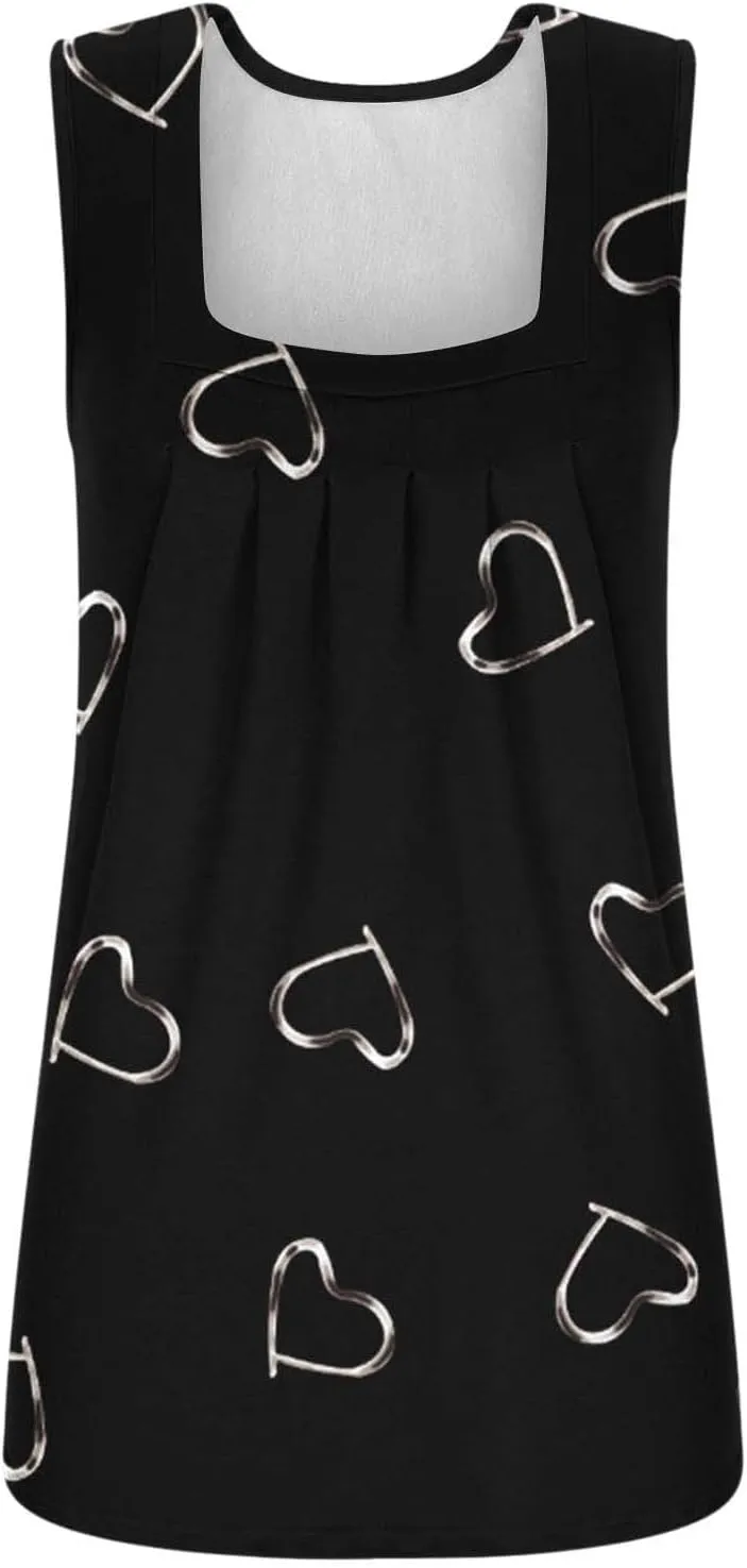 Summer Tank Tops for Women Loose Fit Pleated Square Neck Sleeveless Floral Tank Top Dressy Casual Flowy Curved Hem Tops