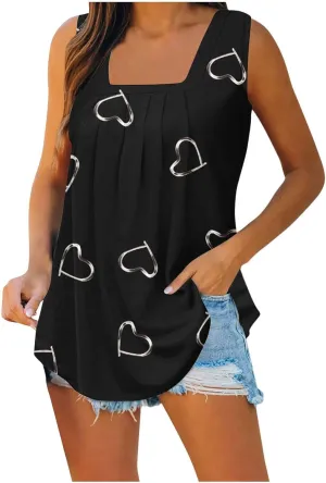 Summer Tank Tops for Women Loose Fit Pleated Square Neck Sleeveless Floral Tank Top Dressy Casual Flowy Curved Hem Tops