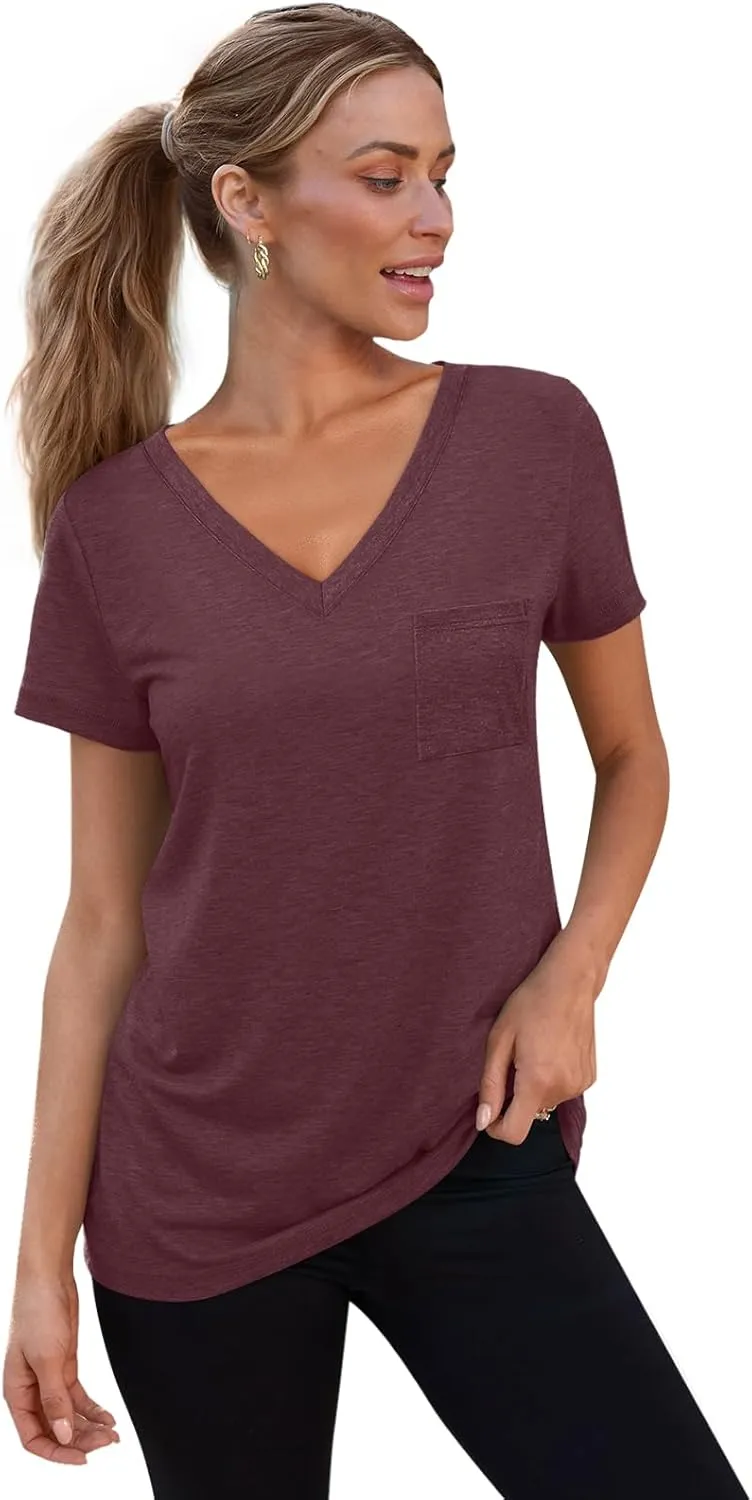 SUNBS 3 Pack Womens V Neck T Shirts Short Sleeve Tees Lightweight Summer Tops with Pocket
