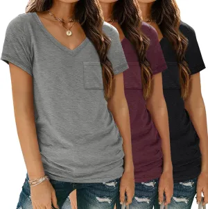 SUNBS 3 Pack Womens V Neck T Shirts Short Sleeve Tees Lightweight Summer Tops with Pocket