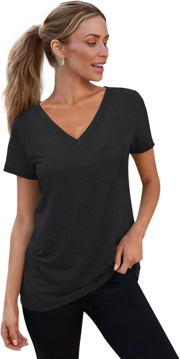 SUNBS 3 Pack Womens V Neck T Shirts Short Sleeve Tees Lightweight Summer Tops with Pocket