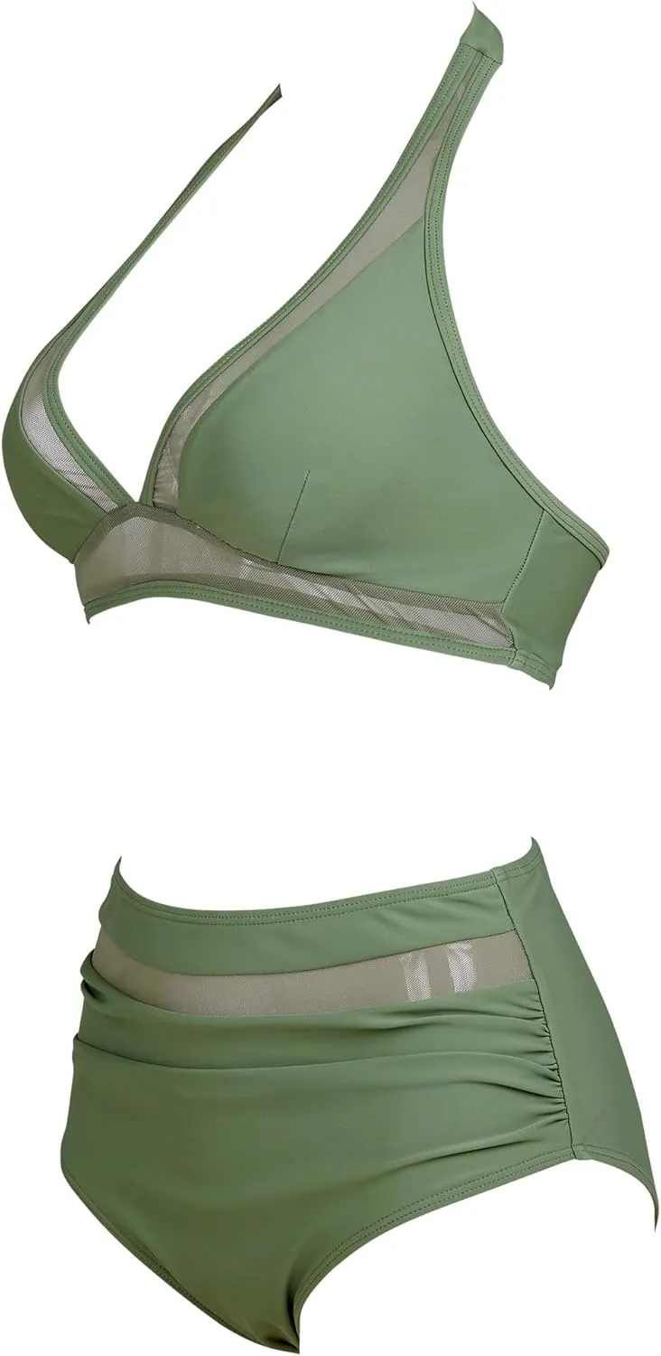 SUUKSESS Women Sexy High Waist Bikini Sets Mesh Tummy Control 2 Piece Swimsuits