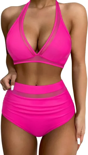 SUUKSESS Women Sexy High Waist Bikini Sets Mesh Tummy Control 2 Piece Swimsuits