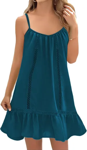 Swimsuit Coverup for Women Spaghetti Straps Ruffle Mini Dress Vacation Beach Cover Ups Casual Sundresses