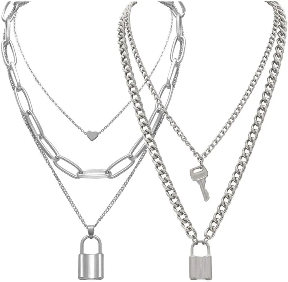 Tanyoyo Lock Key Pendant Necklace Statement Long Chain Punk Multilayer Choker Necklace for Women Men