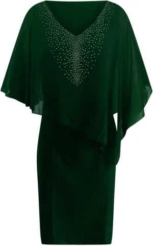 TIAFORD Women's V Neck Chiffon Midi Dress Half Sleeve Casual Flowy Layered Asymmetric Sequins Plus Size Wedding Guest Dresses