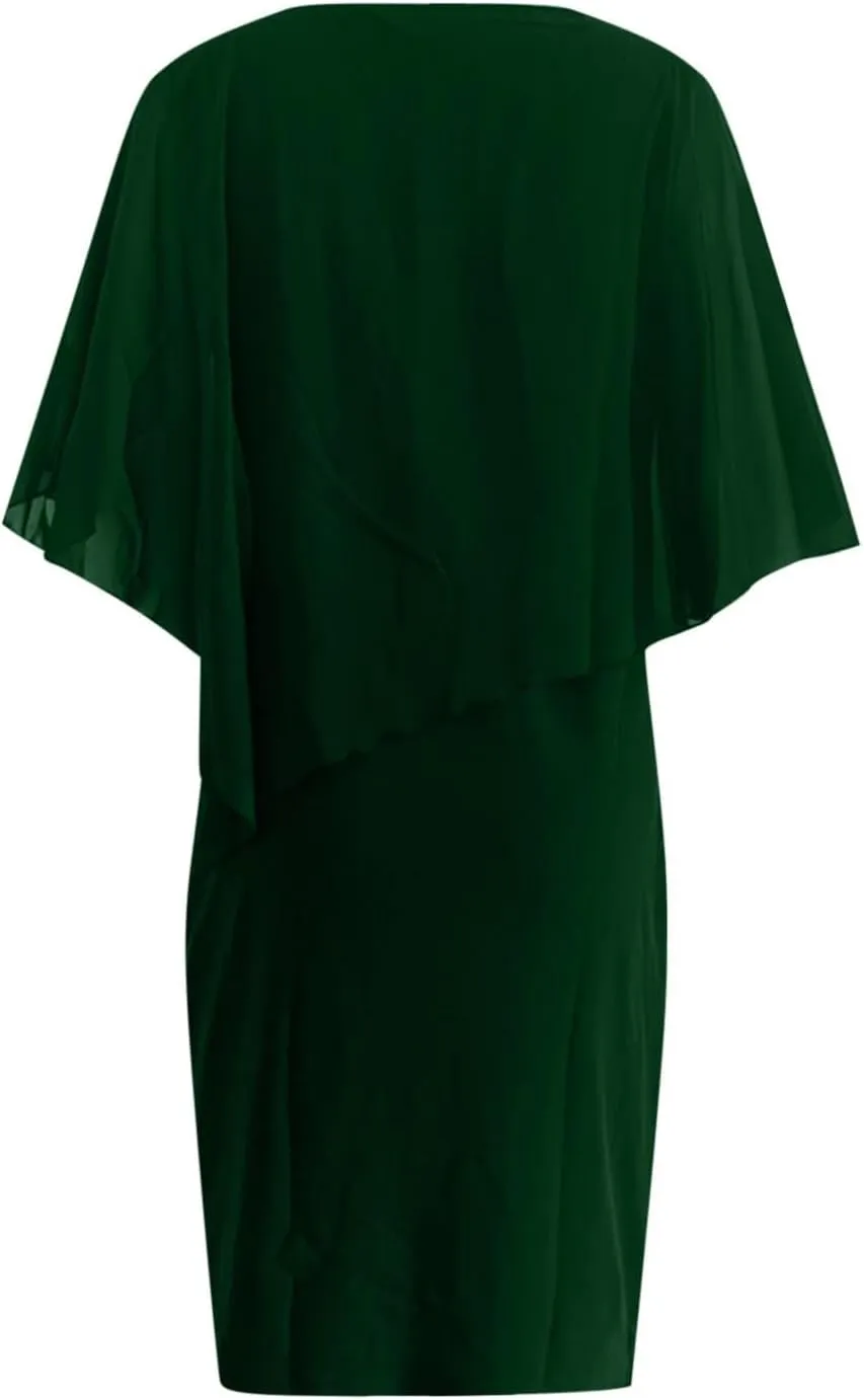 TIAFORD Women's V Neck Chiffon Midi Dress Half Sleeve Casual Flowy Layered Asymmetric Sequins Plus Size Wedding Guest Dresses