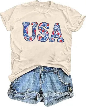 TIXOM Women's USA Floral Flowers Shirt 4th of July American Flag Graphic Tee Independence Day Summer Patriotic Tops