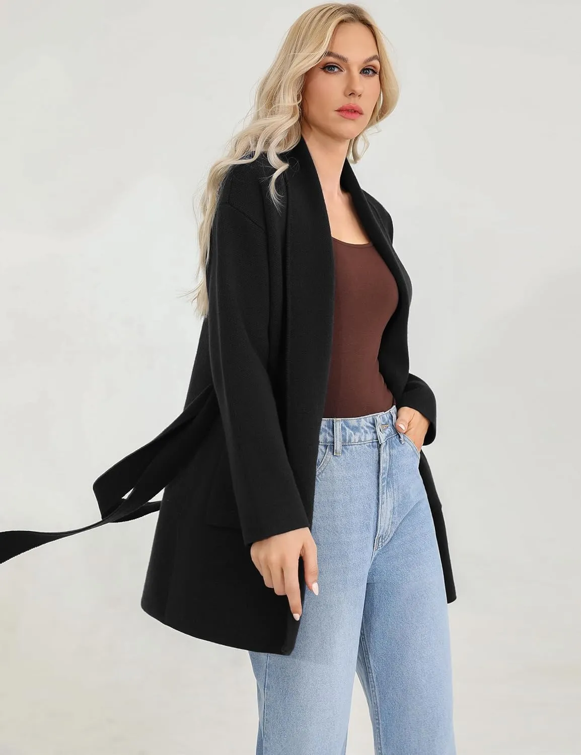 Totatuit Long Cardigan Sweaters for Women with Belt 2025 Fall Spring Open Front Knit Sweaters for Women with Pockets