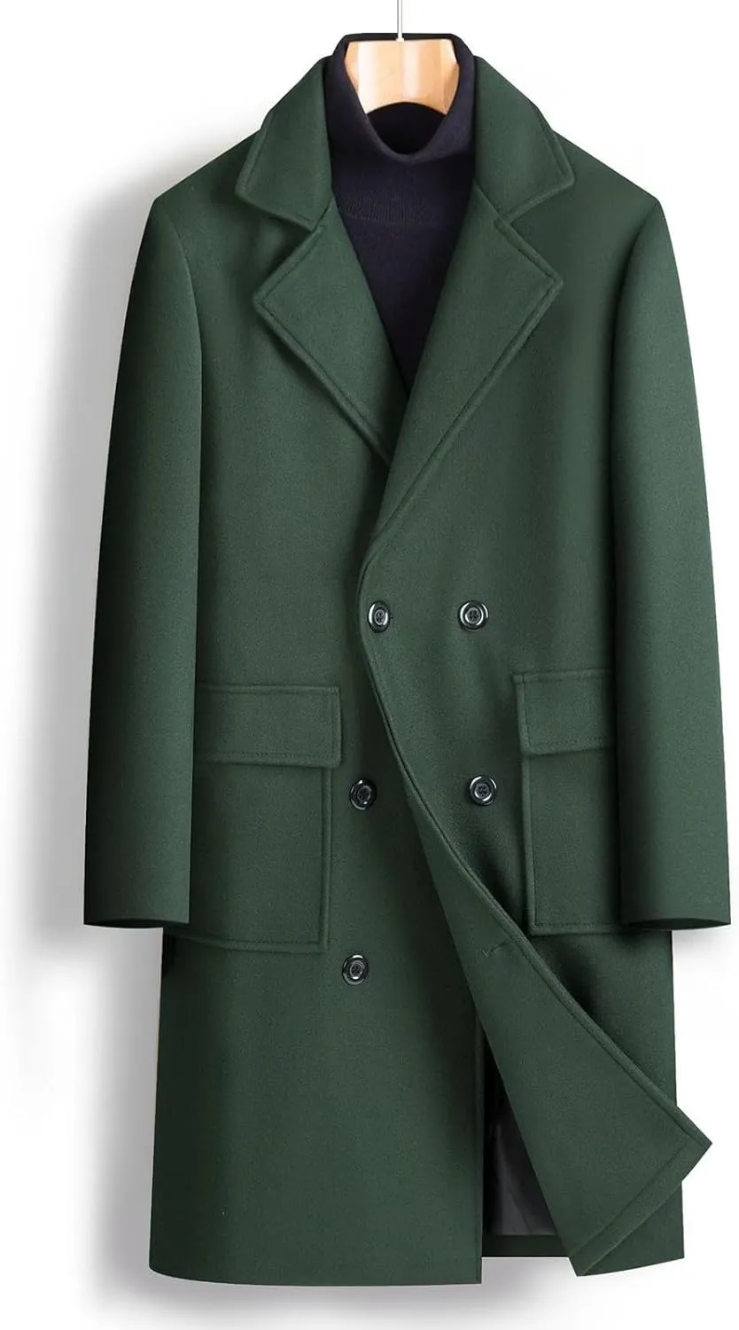 Trench Coat Men Double Breasted Warm Woolen Cloth Jacket Long Coat Windproof Notch Lapel Casual Outdoor Trench Coat