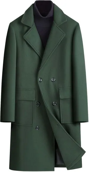 Trench Coat Men Double Breasted Warm Woolen Cloth Jacket Long Coat Windproof Notch Lapel Casual Outdoor Trench Coat