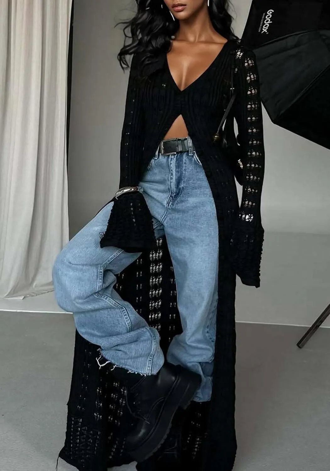 Unybwonn Long Cardigans for Women Crochet Hollow Out Knit Sweater Cover up Maxi Dress Long Sleeve Button Down Cardigan