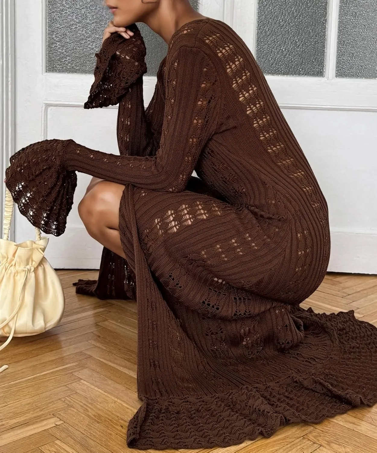 Unybwonn Long Cardigans for Women Crochet Hollow Out Knit Sweater Cover up Maxi Dress Long Sleeve Button Down Cardigan