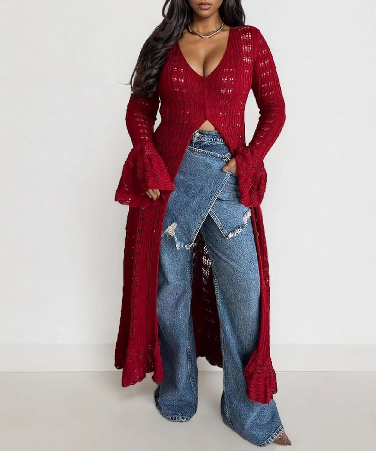 Unybwonn Long Cardigans for Women Crochet Hollow Out Knit Sweater Cover up Maxi Dress Long Sleeve Button Down Cardigan