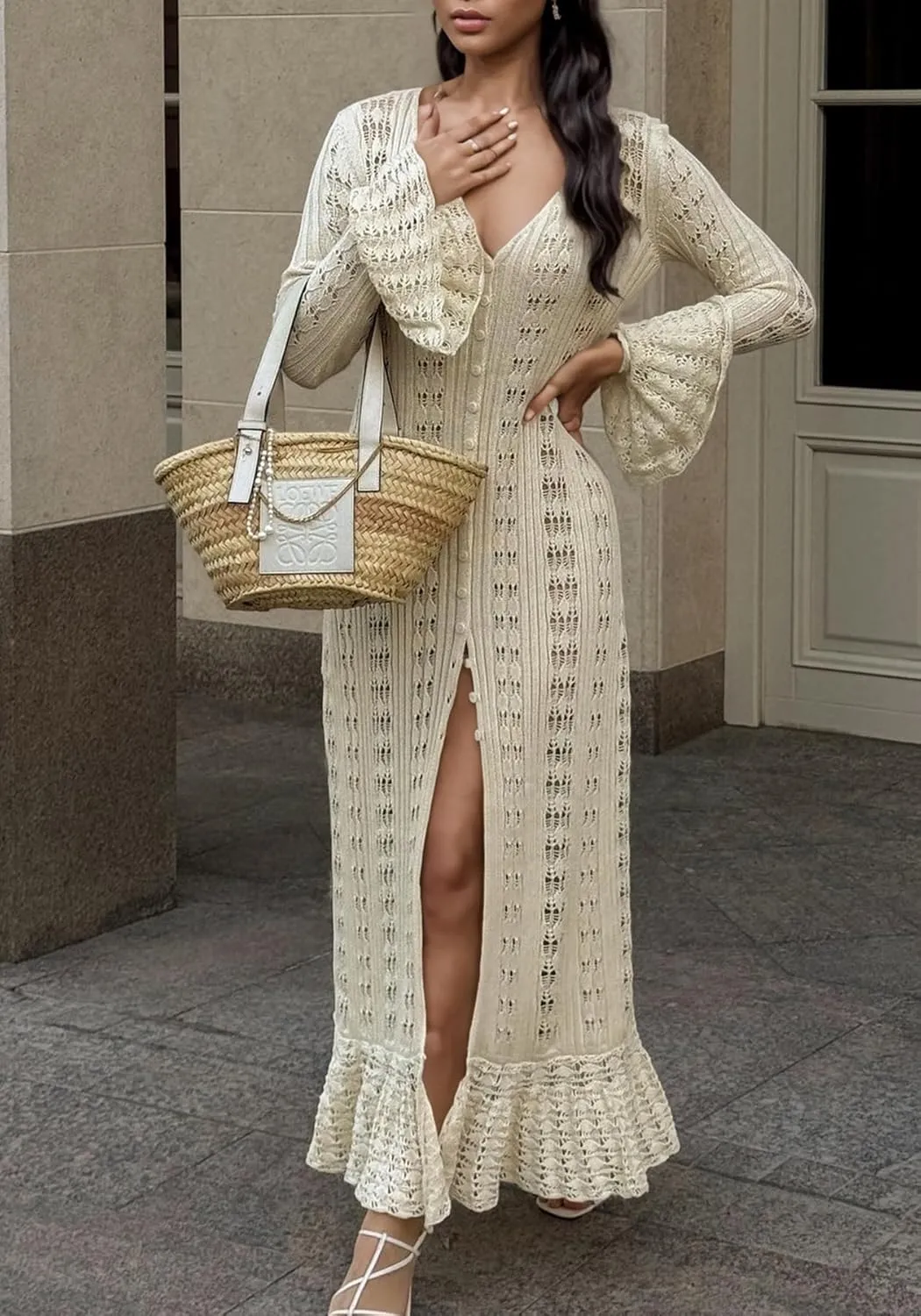 Unybwonn Long Cardigans for Women Crochet Hollow Out Knit Sweater Cover up Maxi Dress Long Sleeve Button Down Cardigan