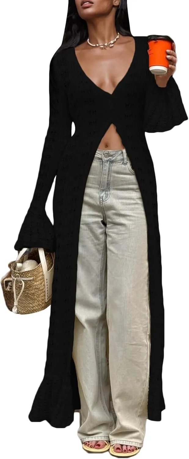 Unybwonn Long Cardigans for Women Crochet Hollow Out Knit Sweater Cover up Maxi Dress Long Sleeve Button Down Cardigan
