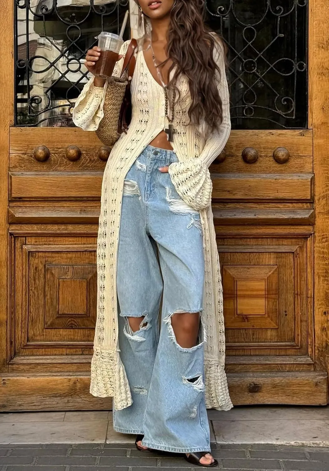 Unybwonn Long Cardigans for Women Crochet Hollow Out Knit Sweater Cover up Maxi Dress Long Sleeve Button Down Cardigan
