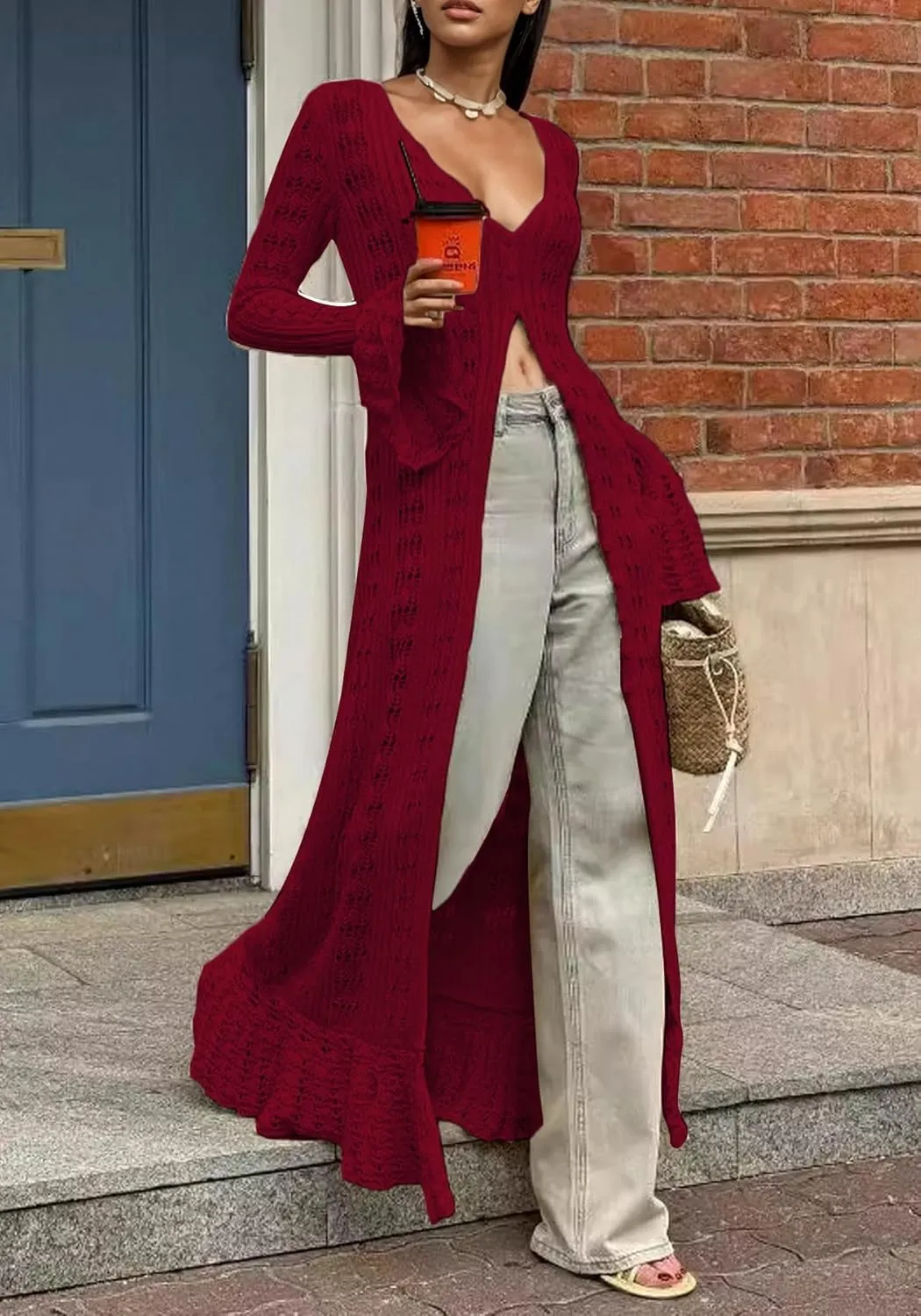 Unybwonn Long Cardigans for Women Crochet Hollow Out Knit Sweater Cover up Maxi Dress Long Sleeve Button Down Cardigan
