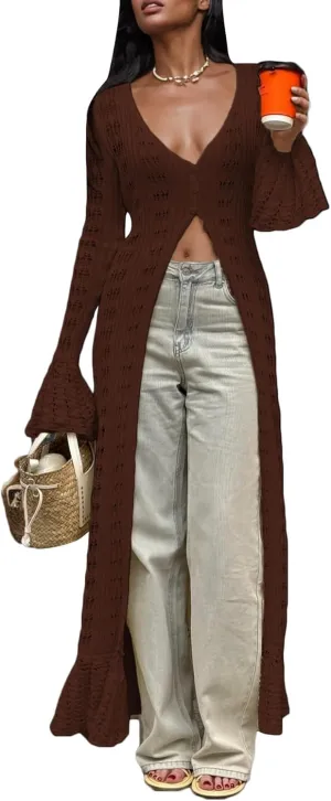 Unybwonn Long Cardigans for Women Crochet Hollow Out Knit Sweater Cover up Maxi Dress Long Sleeve Button Down Cardigan