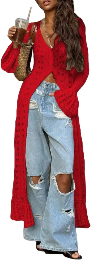 Unybwonn Long Cardigans for Women Crochet Hollow Out Knit Sweater Cover up Maxi Dress Long Sleeve Button Down Cardigan