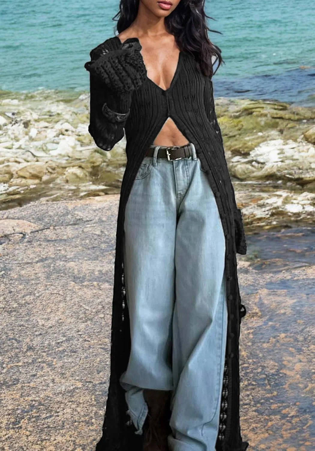 Unybwonn Long Cardigans for Women Crochet Hollow Out Knit Sweater Cover up Maxi Dress Long Sleeve Button Down Cardigan