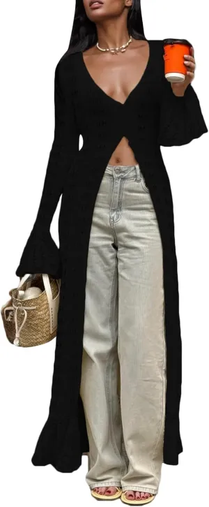 Unybwonn Long Cardigans for Women Crochet Hollow Out Knit Sweater Cover up Maxi Dress Long Sleeve Button Down Cardigan