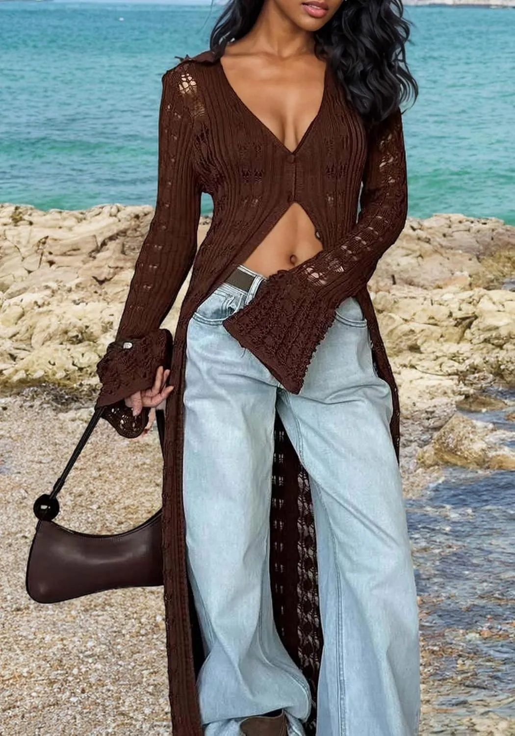 Unybwonn Long Cardigans for Women Crochet Hollow Out Knit Sweater Cover up Maxi Dress Long Sleeve Button Down Cardigan