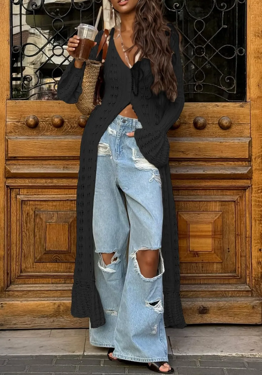 Unybwonn Long Cardigans for Women Crochet Hollow Out Knit Sweater Cover up Maxi Dress Long Sleeve Button Down Cardigan