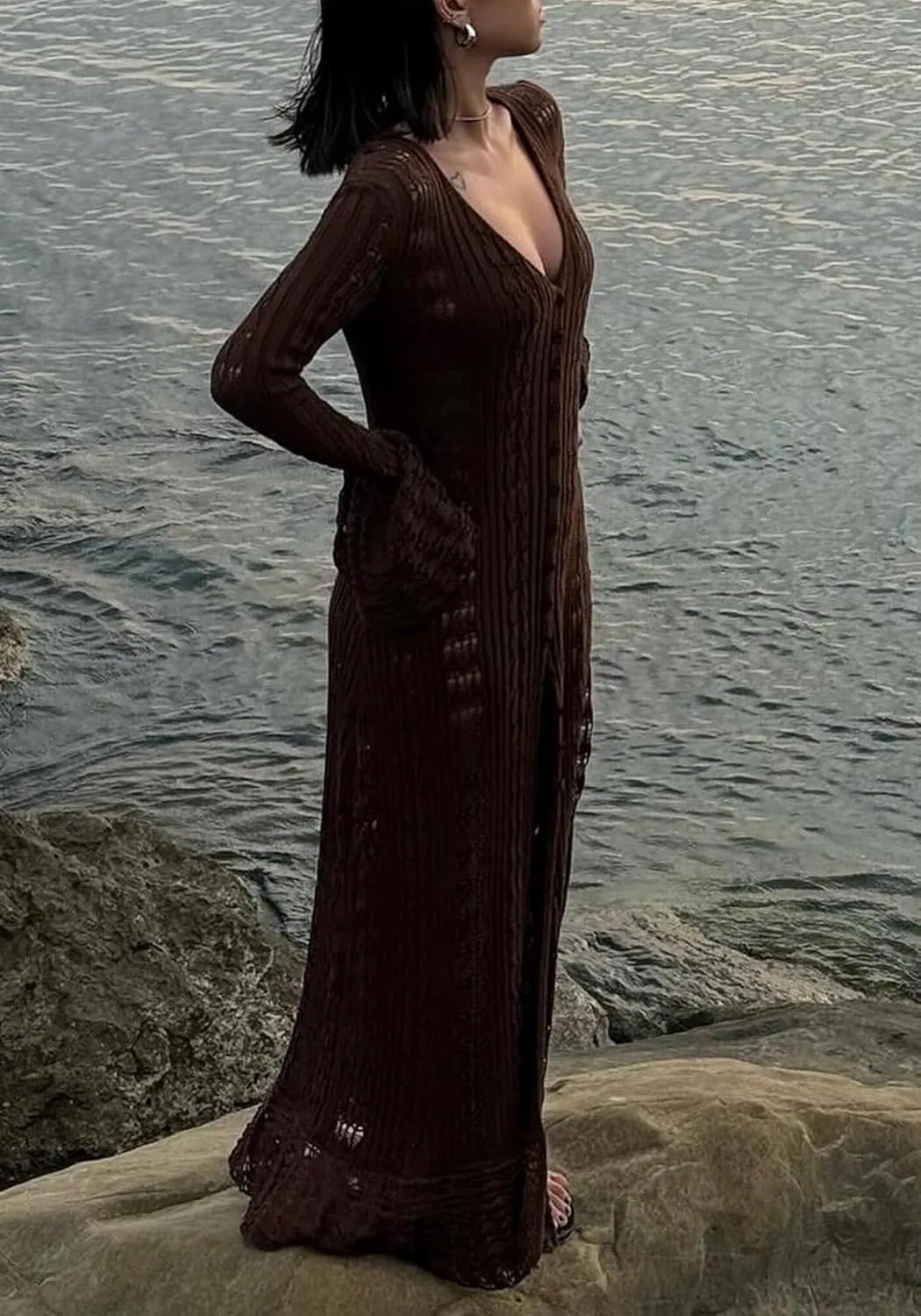 Unybwonn Long Cardigans for Women Crochet Hollow Out Knit Sweater Cover up Maxi Dress Long Sleeve Button Down Cardigan