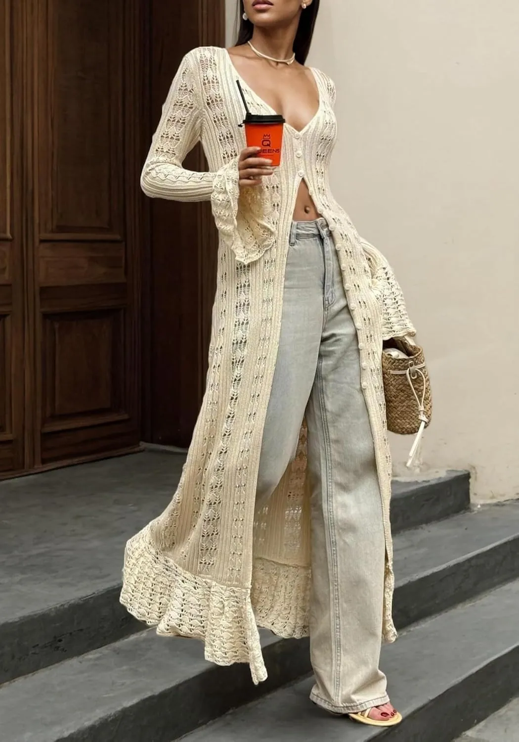 Unybwonn Long Cardigans for Women Crochet Hollow Out Knit Sweater Cover up Maxi Dress Long Sleeve Button Down Cardigan