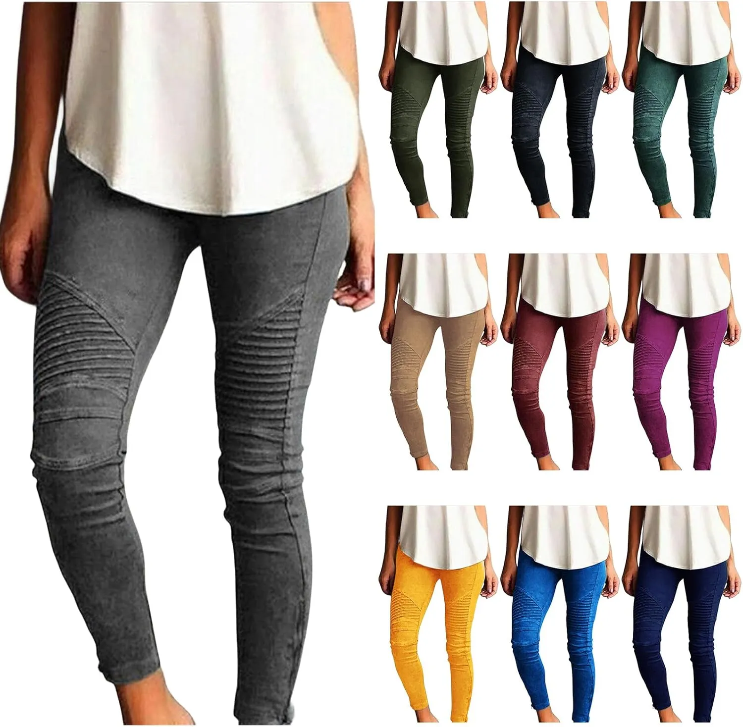 uSecee Moto Leggings for Women High Waist Yoga Leggings Workout Pull On Ankle Stretch Pants Athletic Running Pants Trousers