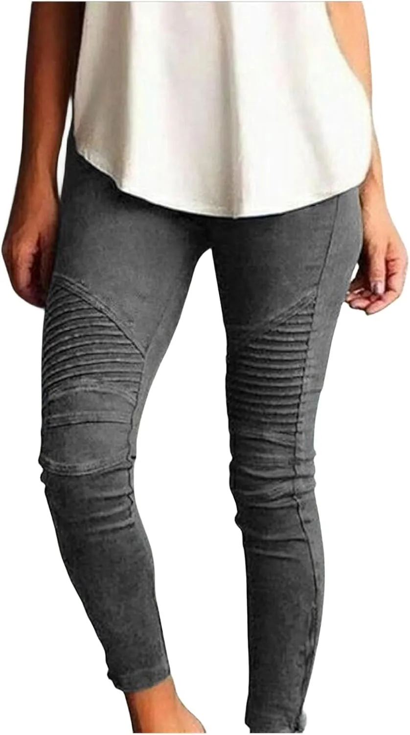uSecee Moto Leggings for Women High Waist Yoga Leggings Workout Pull On Ankle Stretch Pants Athletic Running Pants Trousers