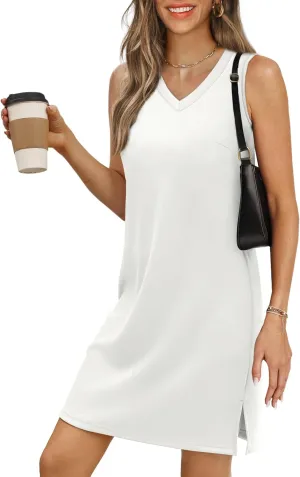 V-Neck Summer Casual Beach Dress for Women 2025 Vacation Women's Sleeveless Sundress with Split