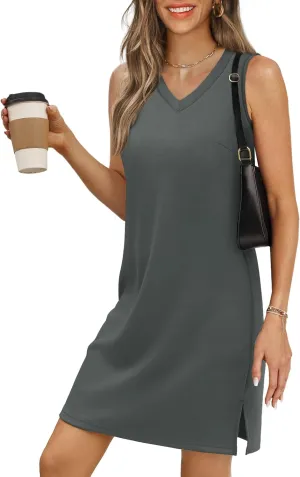 V-Neck Summer Casual Beach Dress for Women 2025 Vacation Women's Sleeveless Sundress with Split