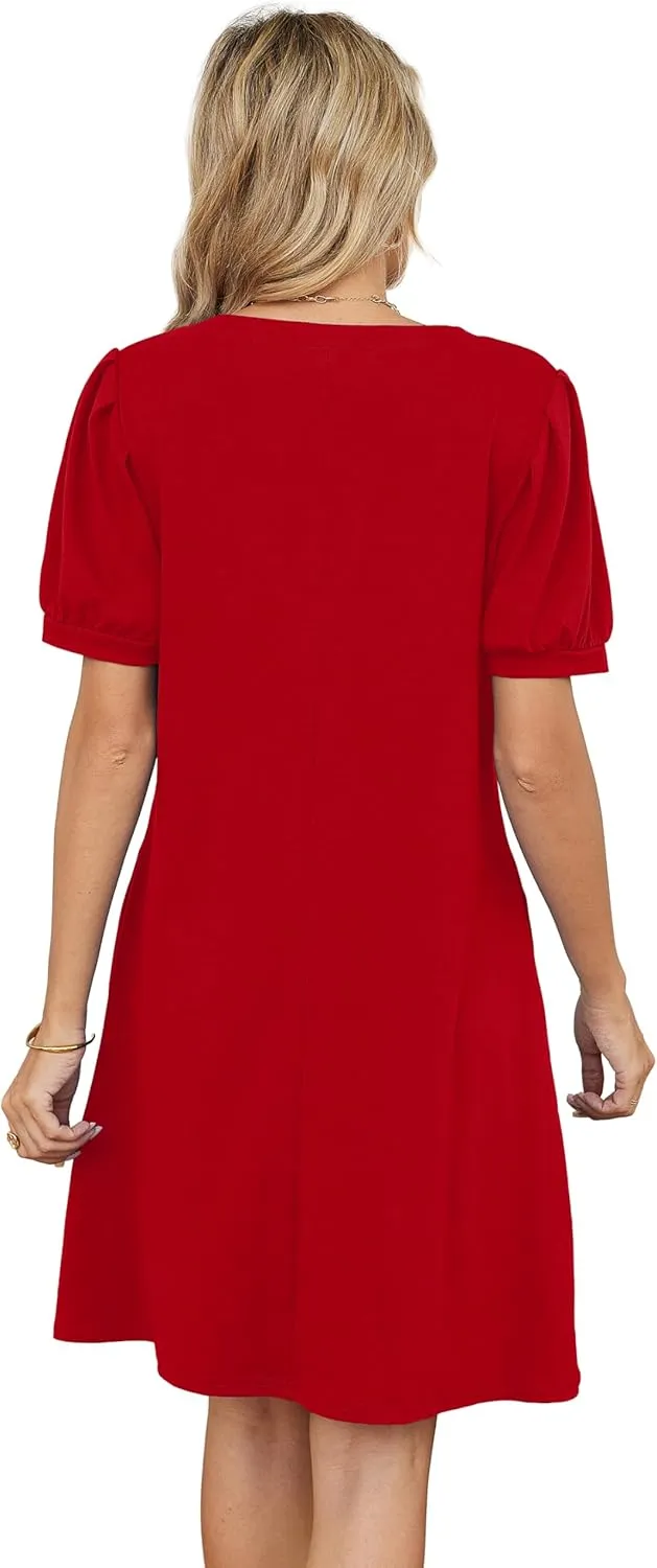 V-Neck Summer Casual Sundress for Women- Puff Short Sleeve Swing Beach Dress with Pockets