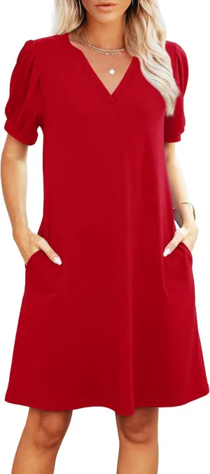 V-Neck Summer Casual Sundress for Women- Puff Short Sleeve Swing Beach Dress with Pockets