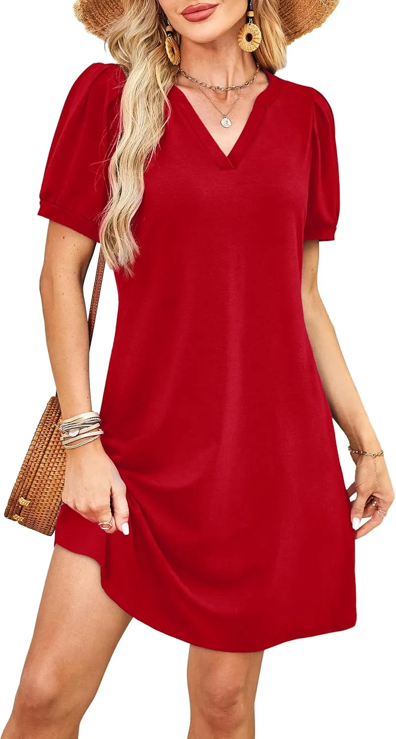 V-Neck Summer Casual Sundress for Women- Puff Short Sleeve Swing Beach Dress with Pockets