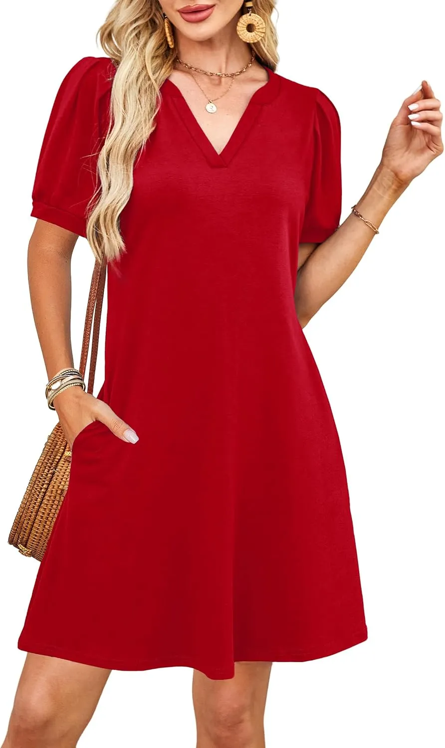 V-Neck Summer Casual Sundress for Women- Puff Short Sleeve Swing Beach Dress with Pockets