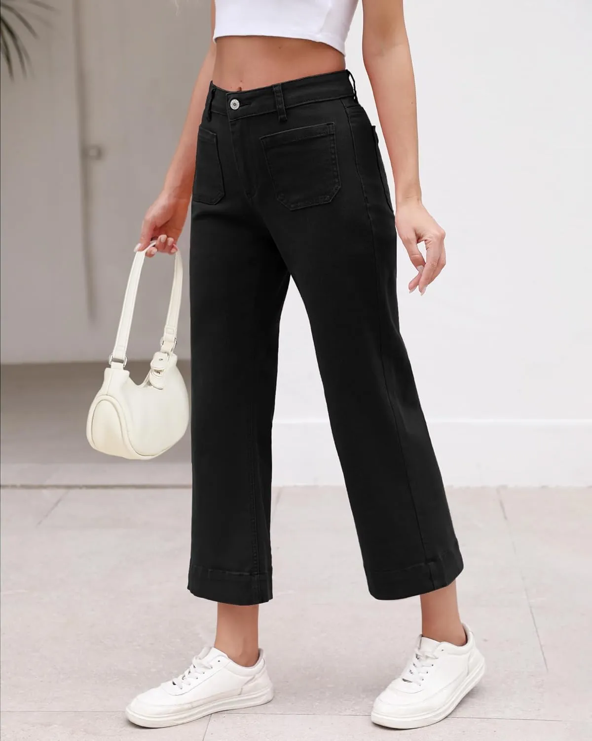 Vetinee Wide Leg Jeans for Women High Waisted Trendy Front Patch Pocket Flare Cropped Jeans Stretchy Denim Jean Pants