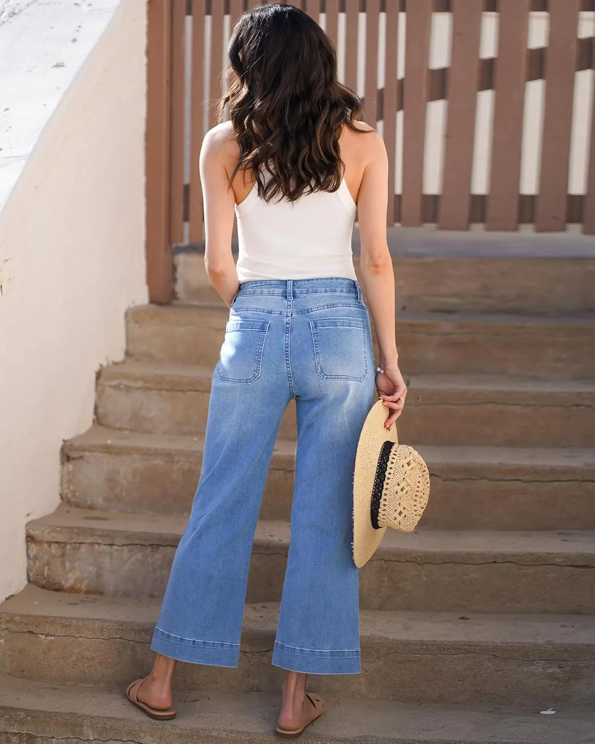 Vetinee Wide Leg Jeans for Women High Waisted Trendy Front Patch Pocket Flare Cropped Jeans Stretchy Denim Jean Pants