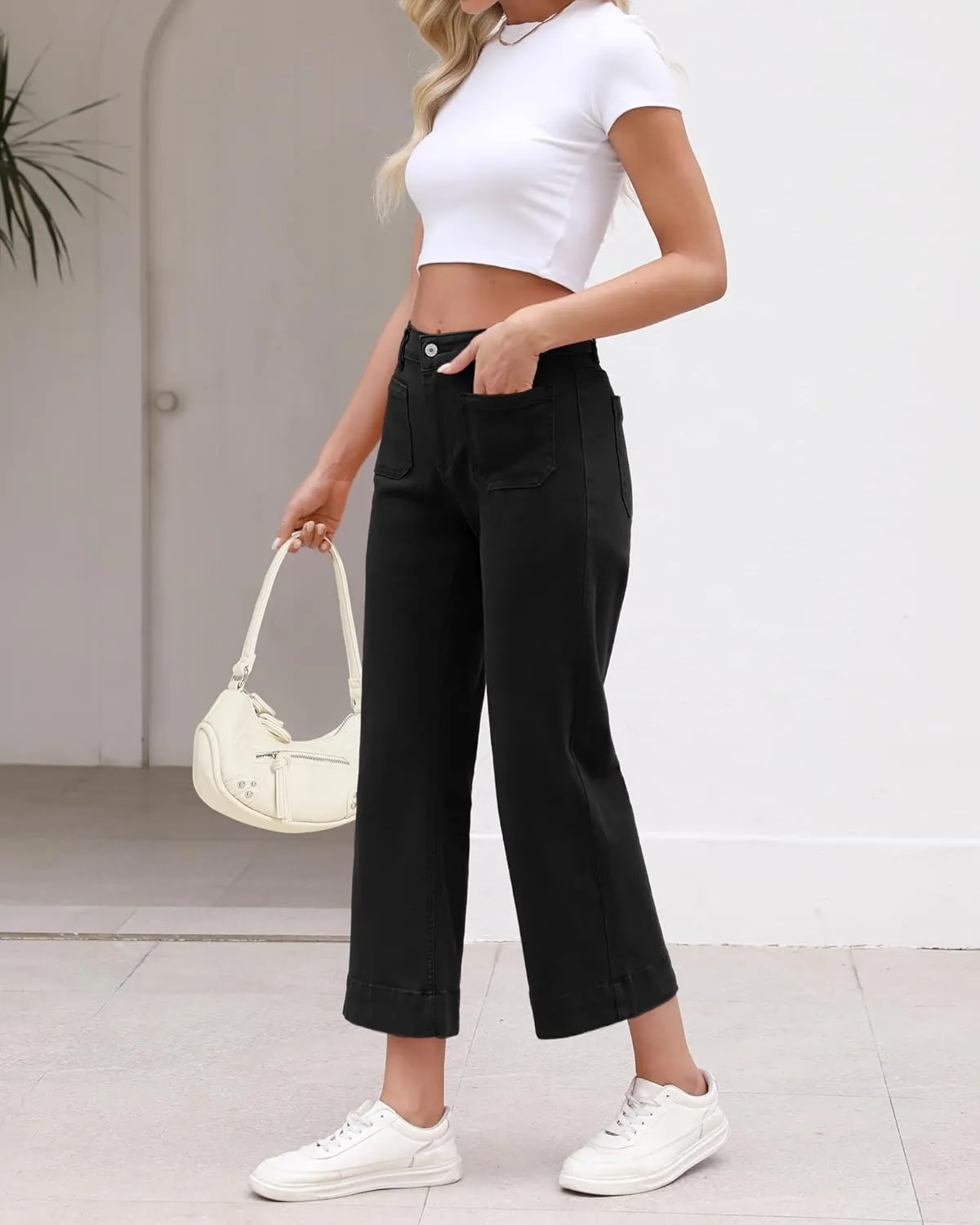 Vetinee Wide Leg Jeans for Women High Waisted Trendy Front Patch Pocket Flare Cropped Jeans Stretchy Denim Jean Pants