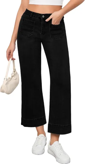Vetinee Wide Leg Jeans for Women High Waisted Trendy Front Patch Pocket Flare Cropped Jeans Stretchy Denim Jean Pants