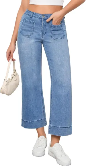 Vetinee Wide Leg Jeans for Women High Waisted Trendy Front Patch Pocket Flare Cropped Jeans Stretchy Denim Jean Pants