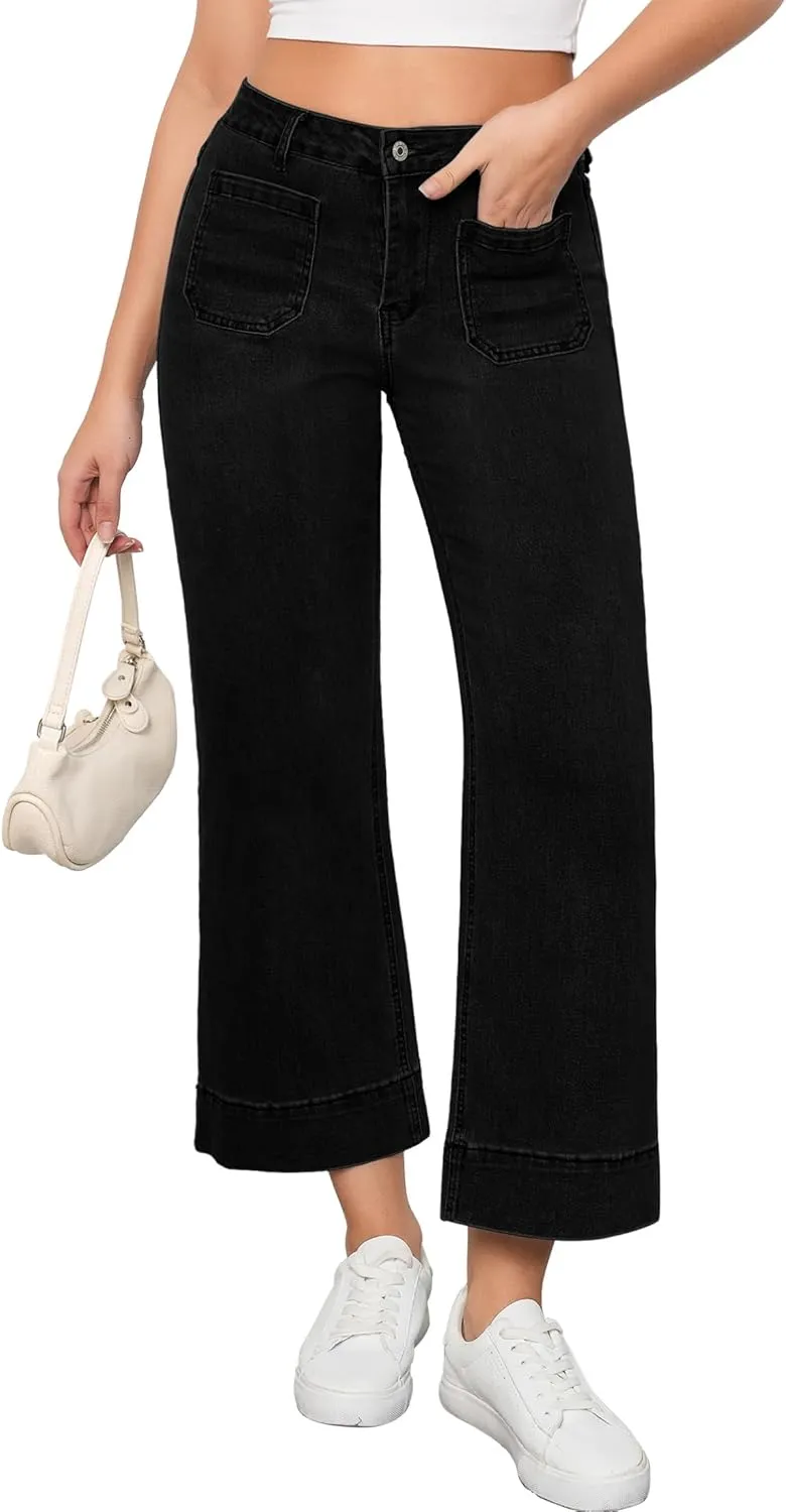 Vetinee Wide Leg Jeans for Women High Waisted Trendy Front Patch Pocket Flare Cropped Jeans Stretchy Denim Jean Pants