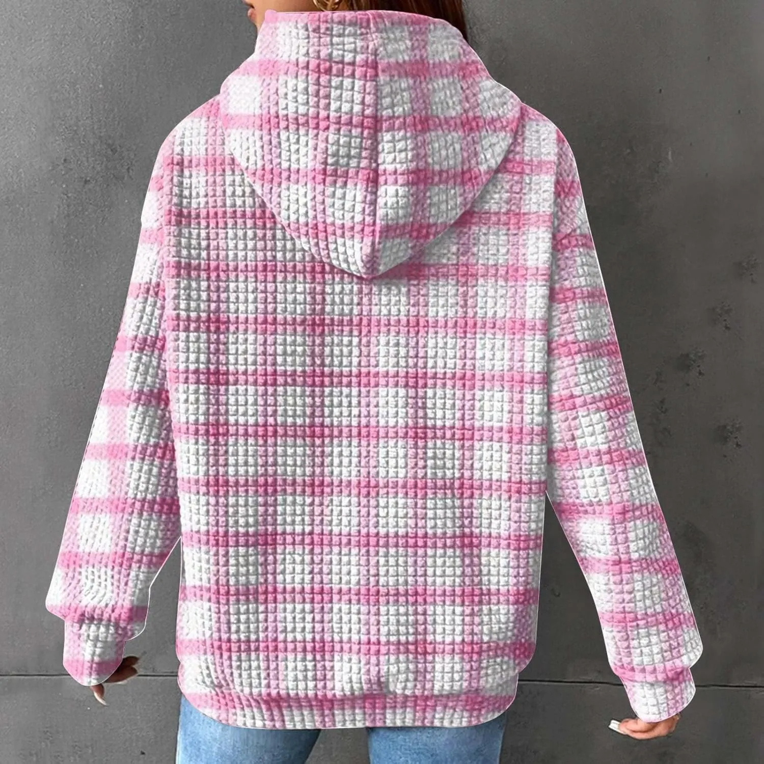 Waffle Hoodie Sweatshirts for Women Long Sleeve Shirts Fall Casual Tops Blouse Plaid Pullover with Pocket 2024, Small