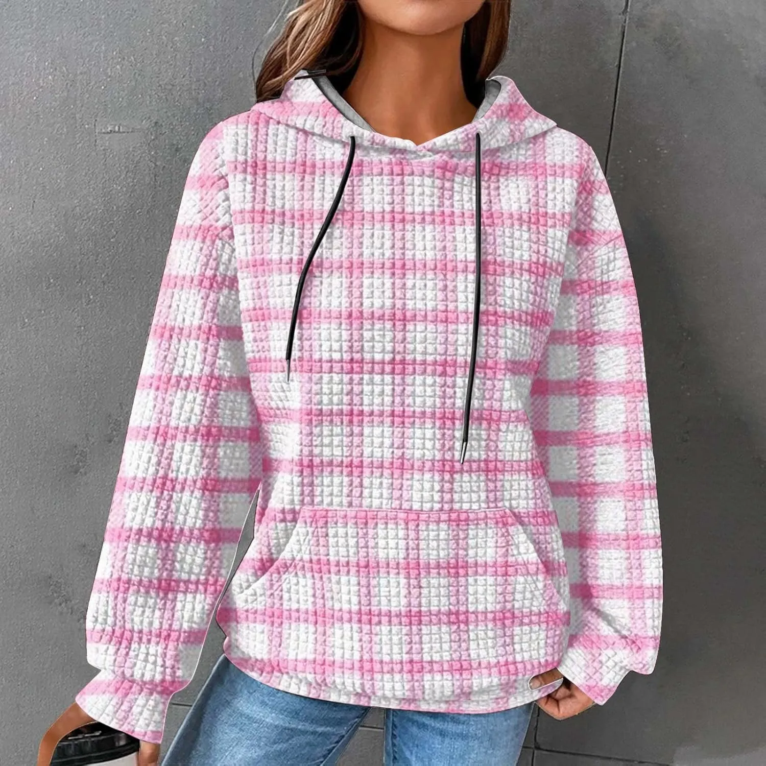 Waffle Hoodie Sweatshirts for Women Long Sleeve Shirts Fall Casual Tops Blouse Plaid Pullover with Pocket 2024, Small