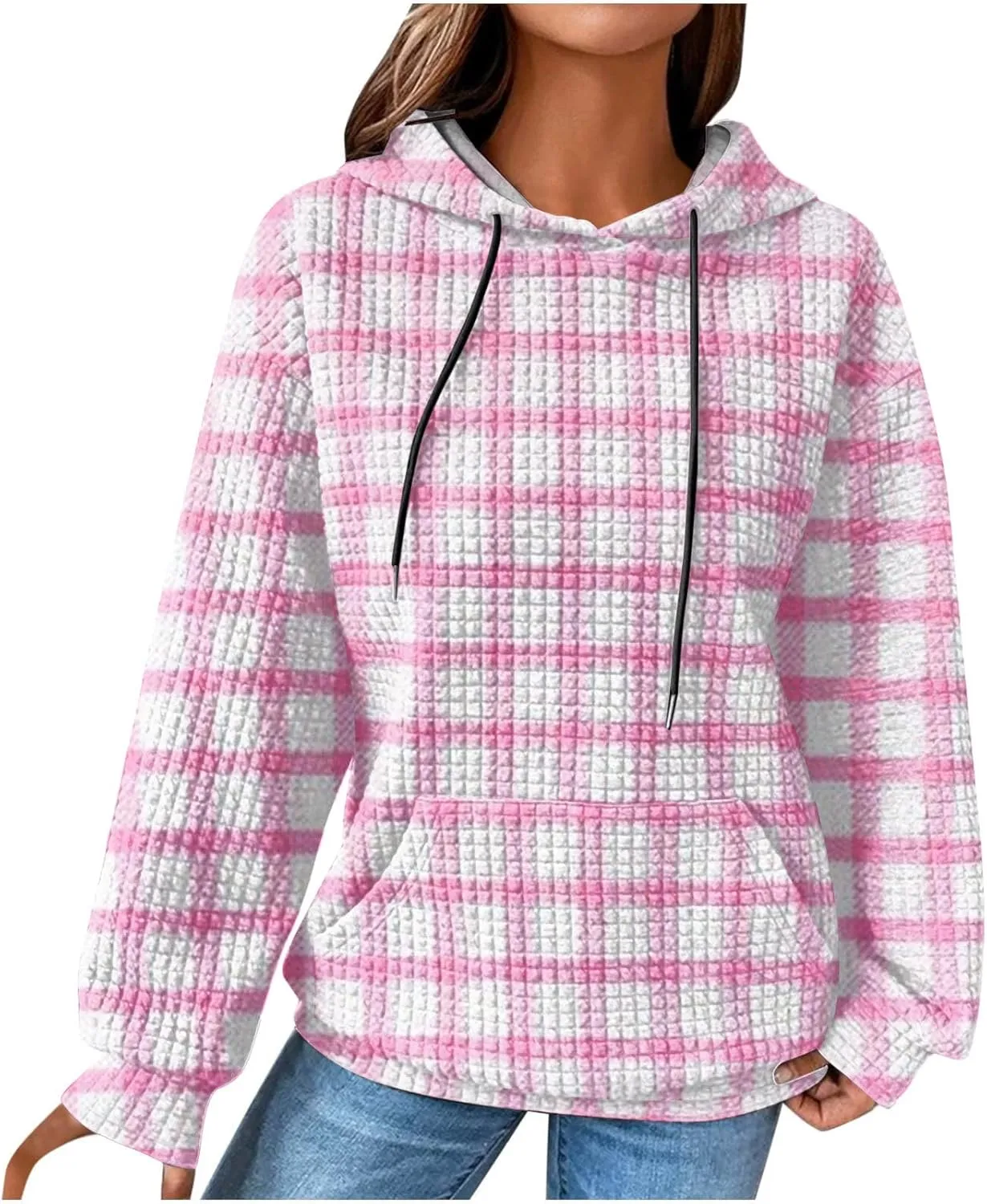 Waffle Hoodie Sweatshirts for Women Long Sleeve Shirts Fall Casual Tops Blouse Plaid Pullover with Pocket 2024, Small